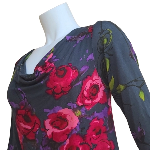 WESTON WEAR ANTHRO Cowl Neck Blouse S Top Shirt Watercolor Floral Gray Draped - Picture 3 of 13